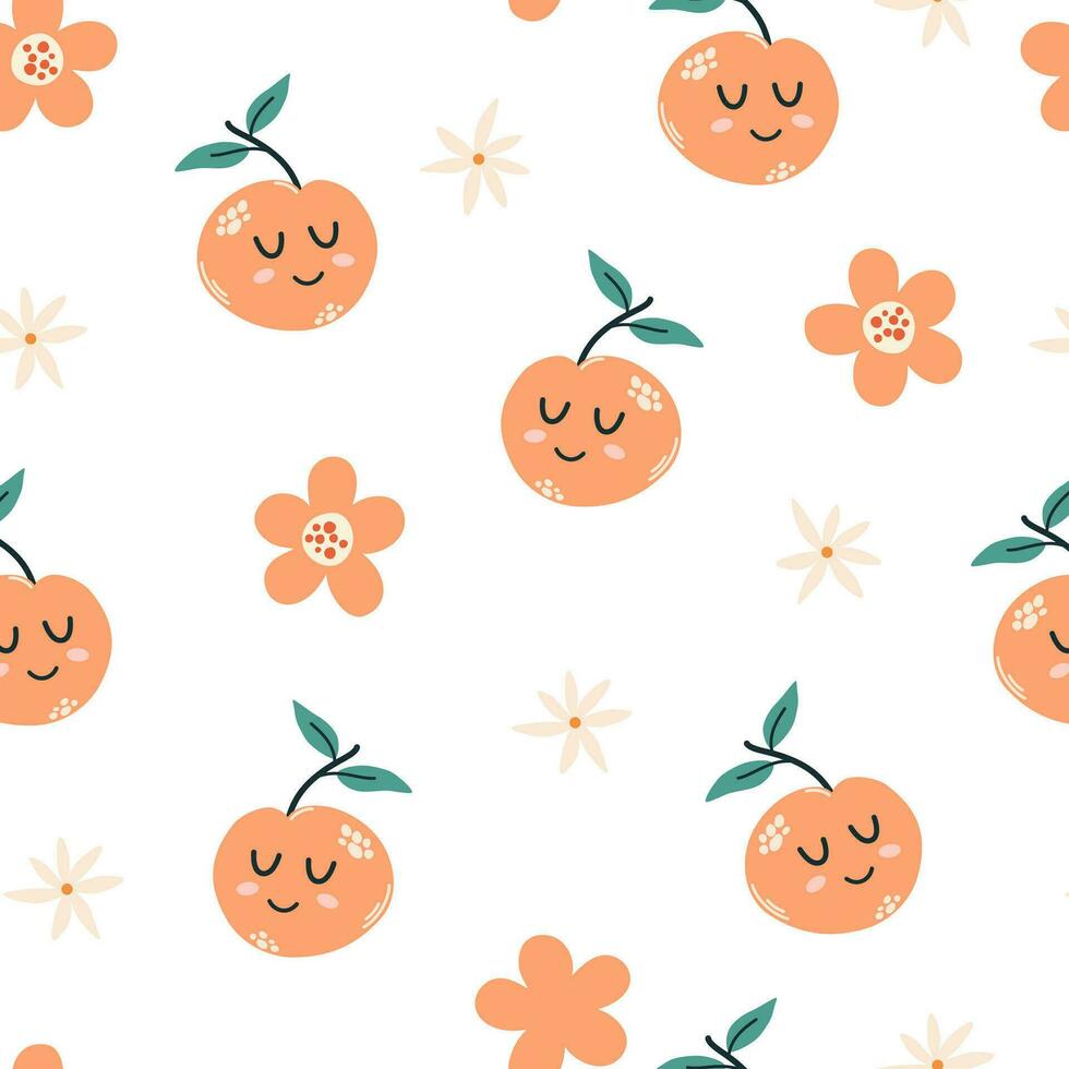 persika karaktär sömlös mönster. persika med smiley ansikte och blommor. kreativ textur för tyg, förpackning, textilier, tapet, Kläder. vektor illustration för ungar. söt frukt bakgrund