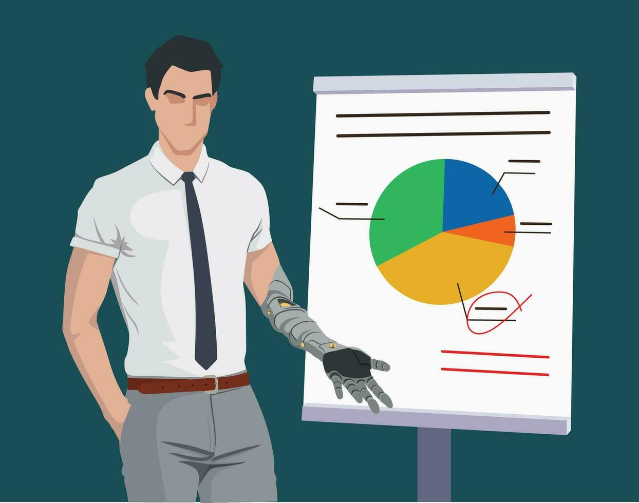 man i kontor kostym med protes- ärm som visar de diagram på de styrelse vektor