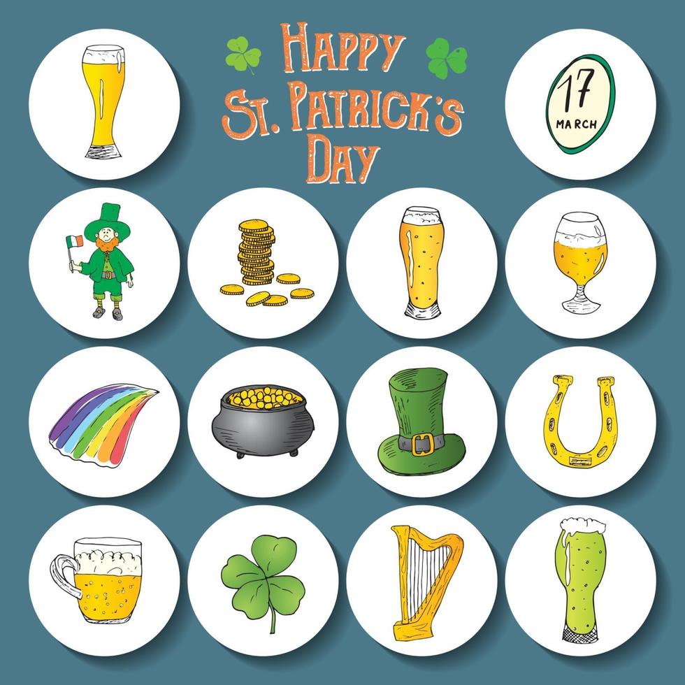 Handgezeichnetes Gekritzel-Set des St. Patricks Day mit Kobold, Topf mit Goldmünzen, Regenbogen, Bier, vierblättrigem Kleeblatt, Hufeisen, keltischer Harfe und Flagge der irischen Vektorillustration vektor