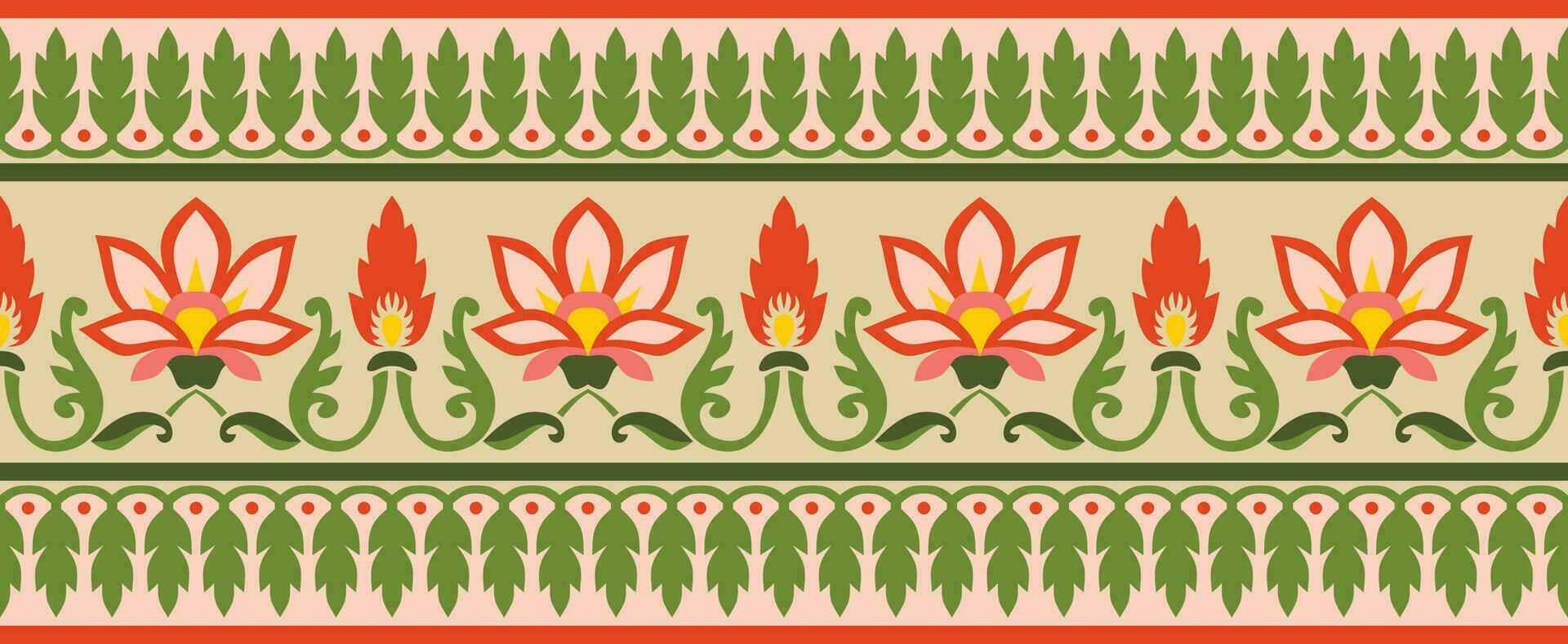 vektor sömlös färgrik indisk nationell prydnad. etnisk ändlös växt gräns. blommor ram. vallmo och löv
