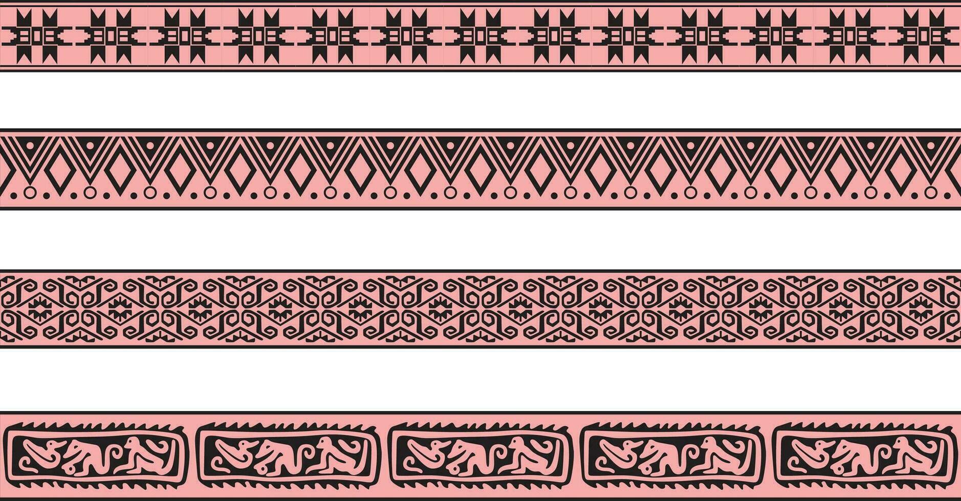 vektor uppsättning av rosa och svart inföding amerikan dekorativ sömlös gränser. ramverk av de människors av Amerika, azteker, maja, incas