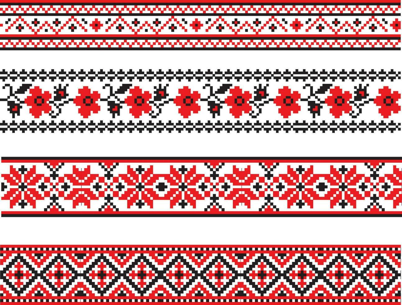 vektor uppsättning av ukrainska sömlös ornament. gränser och ramar i de nationell slavic stil. korsa sy mönster