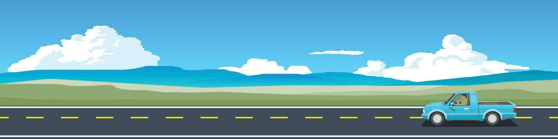 tecknad serie transport resa för baner. plocka upp bil med körning för resa. asfalt väg nära de grön äng. med berg under blå himmel och vit moln för bakgrund. vektor