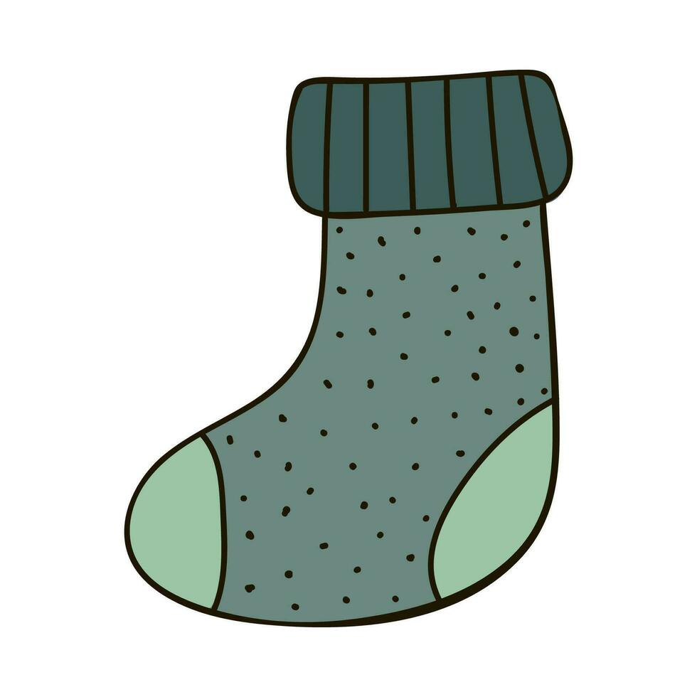 Hand gezeichnet warm gestrickt Socke mit süß Dekor im Grün Farben. Weihnachten, Winter Zeichen, gemütlich Clip Art. Vektor Illustration mit Hand gezeichnet Gliederung isoliert auf Hintergrund. zum Papier Handwerk, Aufkleber.