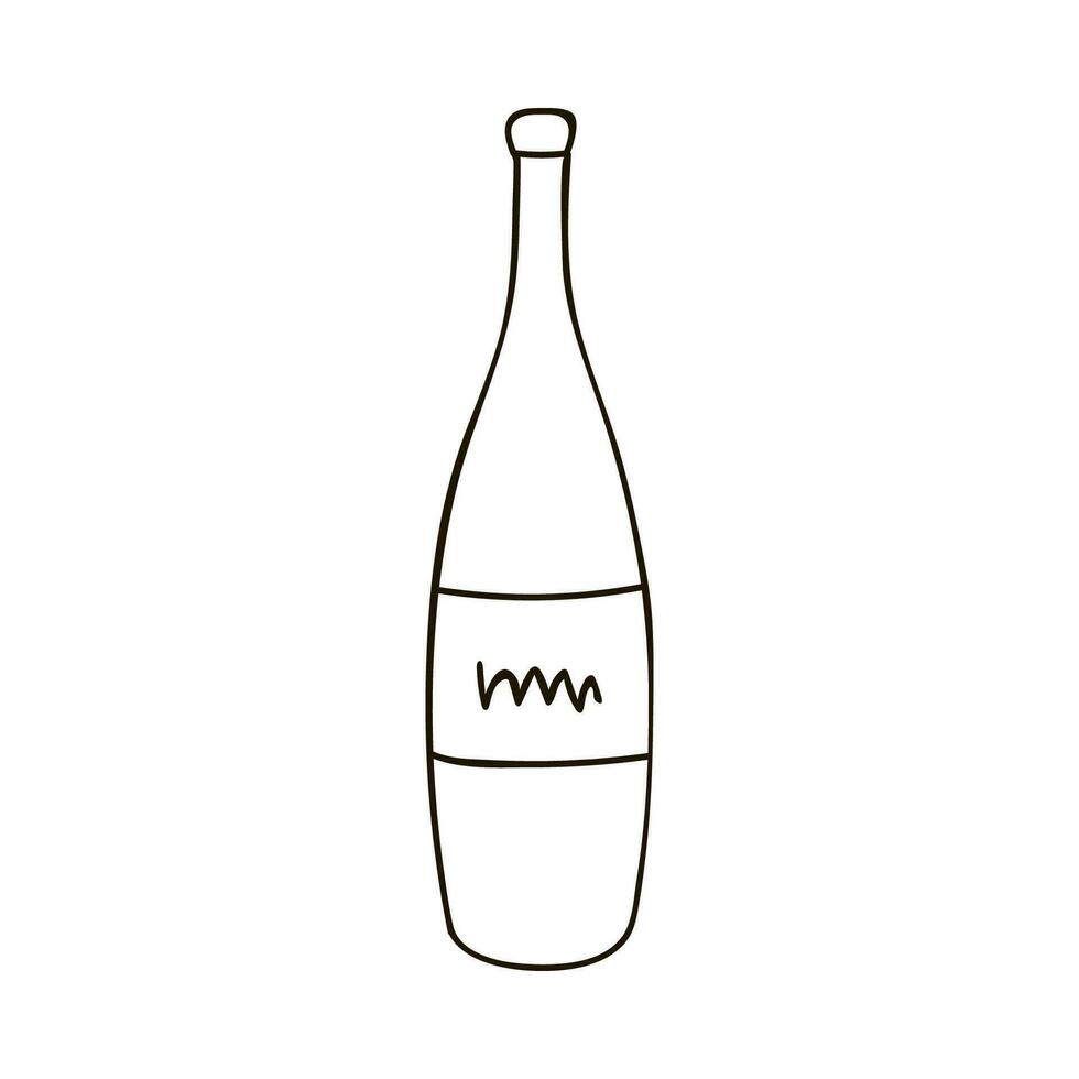 hand dragen gnistrande vin flaska med märka. Semester champagne för klistermärken, planerare, skrot element, social media. vektor illustration med hand dragen översikt isolerat på bakgrund.