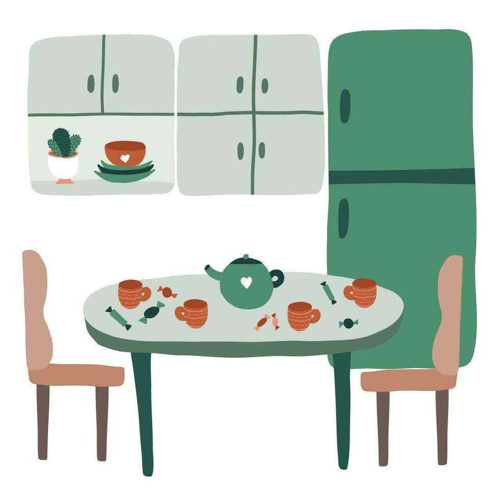 detailliert Küche Innere im Karikatur Stil. Zimmer zum Essen und Tee Zeremonie mit Möbel. Kühlschrank, Tisch, Kabinett, Stühle, Wasserkocher. Vektor Hand gezeichnet Illustration. gemütlich inländisch Wohnung innen.