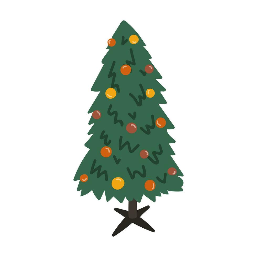 Karikatur Weihnachten Baum auf Weihnachten Baum Stand dekoriert mit Spielzeuge und Bälle. Möbel zum Leben Zimmer Innere im Boho Stil. Hand gezeichnet Vektor Illustration im warm Farben. gemütlich inländisch Wohnung.