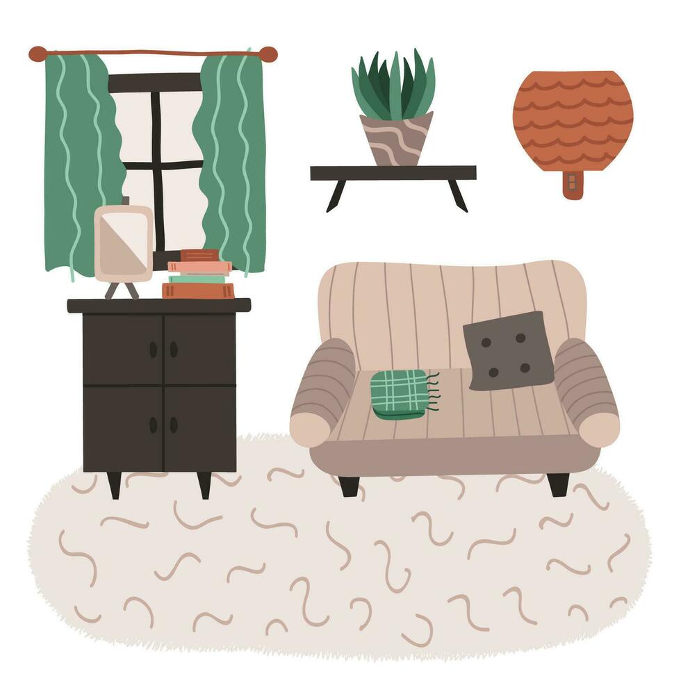 Leben Zimmer Innere im Boho Stil. Salon mit komfortabel Couch, Lampe, Teppich, Kommode, Fenster, Dekor. Karikatur Hand gezeichnet Illustration. retro Zuhause Innerhalb mit Möbel. gemütlich inländisch Wohnung. vektor