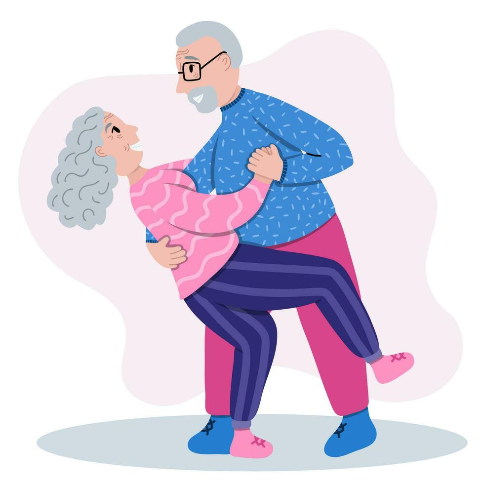 im Ruhestand Senior Paar Tanzen zusammen im das Leben Zimmer. alt Dame und Gentleman Tanzen romantisch. Opa tut tanzen Unterstützung, Oma Bögen zurück. stilisiert Vektor Hand gezeichnet Illustration.