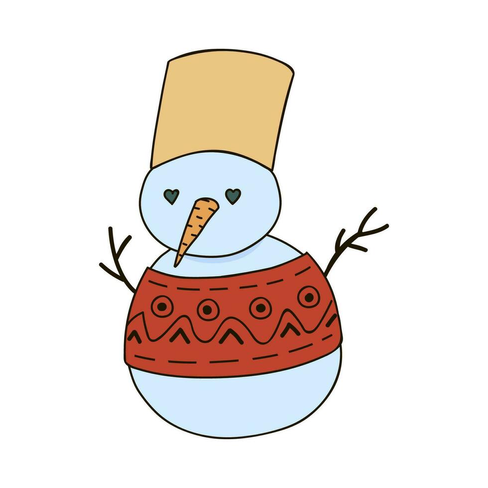 süß Schneemann mit Augen im ein gestalten von Herz, Karotte, Eimer auf das Kopf, gestrickt Sweatshirt mit ein skandinavisch Muster. Weihnachten Zeichen, gemütlich Clip Art. Vektor Illustration mit Hand gezeichnet Gliederung isoliert.