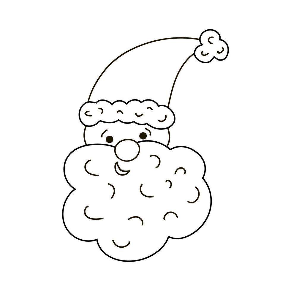 Weihnachten Vektor lächelnd Santa claus im das Hut mit ein Fell, groß lockig Bart. Gesicht schließen hoch. Weihnachten Zeichen, gemütlich Clip Art. süß Illustration mit Hand gezeichnet Gekritzel Gliederung isoliert auf Hintergrund.