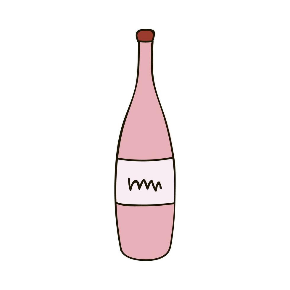 hand dragen gnistrande vin flaska med märka i röd färger. Semester champagne för klistermärken, planerare, skrot element, social media. vektor illustration med hand dragen översikt isolerat på bakgrund.