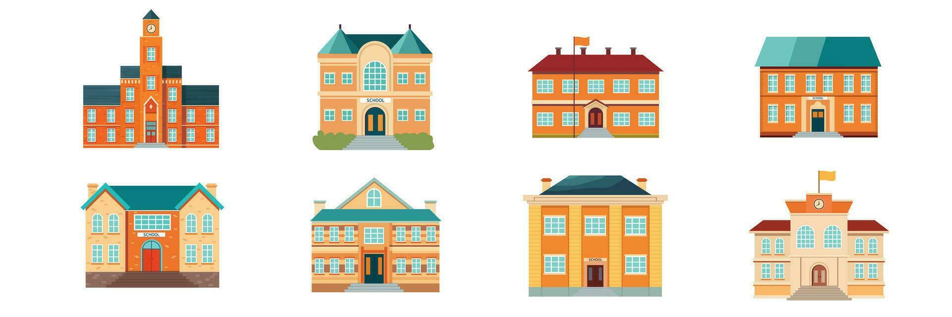 skola byggnad samling. platt vektor illustration. uppsättning av byggnad element. stad byggnader exteriör samling. vektor illustrationer isolerat på vit bakgrund.