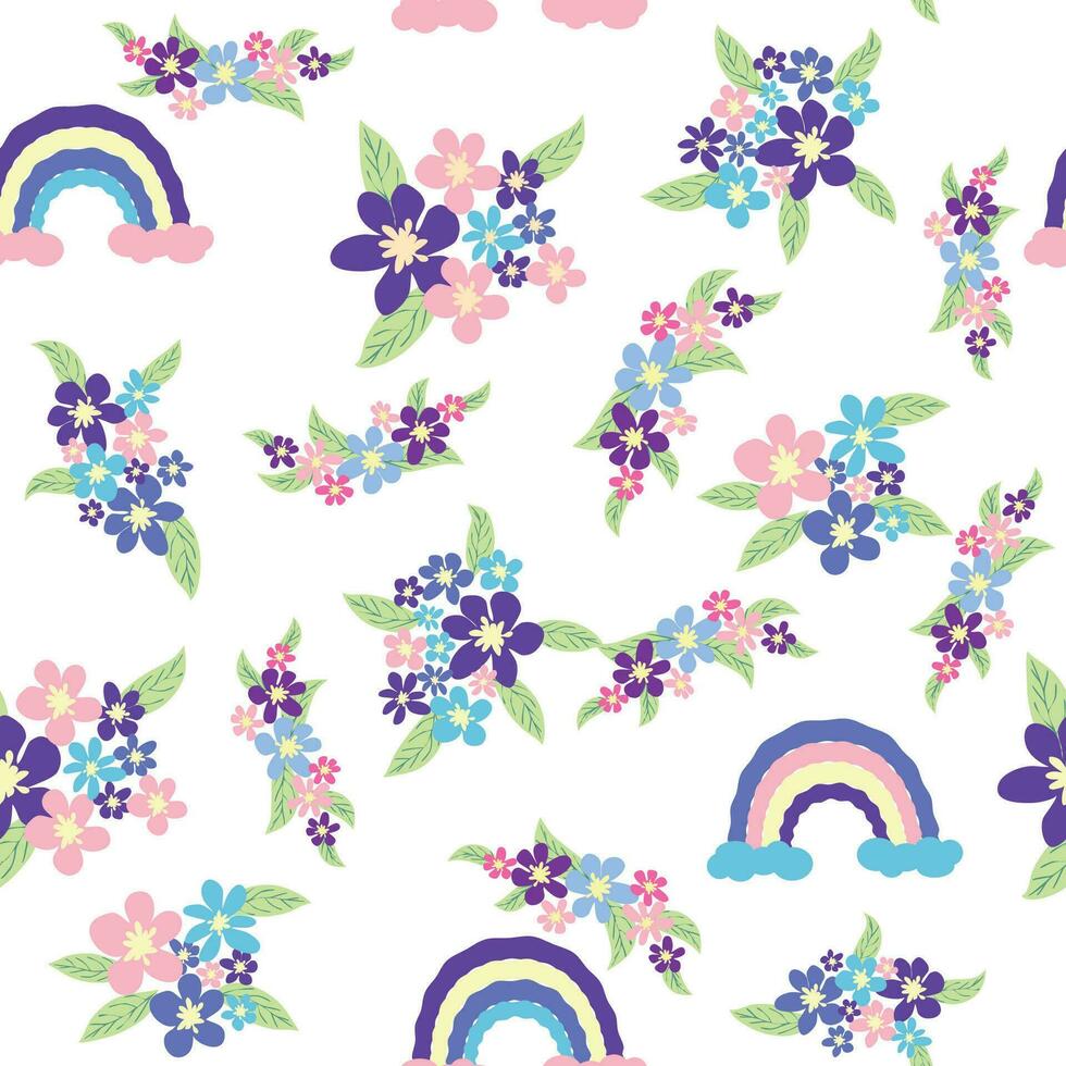 blommig sömlös mönster med titian, lavendel, blå, lila kamomill blomma och löv på pastell bakgrund vektor