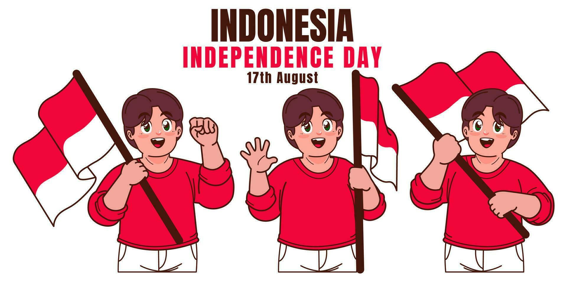 liten pojke bärande indonesiska flagga, fira indonesiska oberoende dag vektor