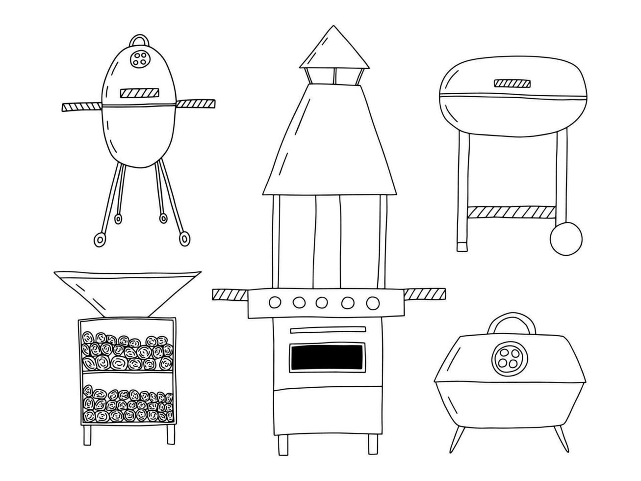 annorlunda typer av rökare bbq skiss uppsättning. vektor hand dragen träkol vattenkokare och utegrill grillar uppsättning