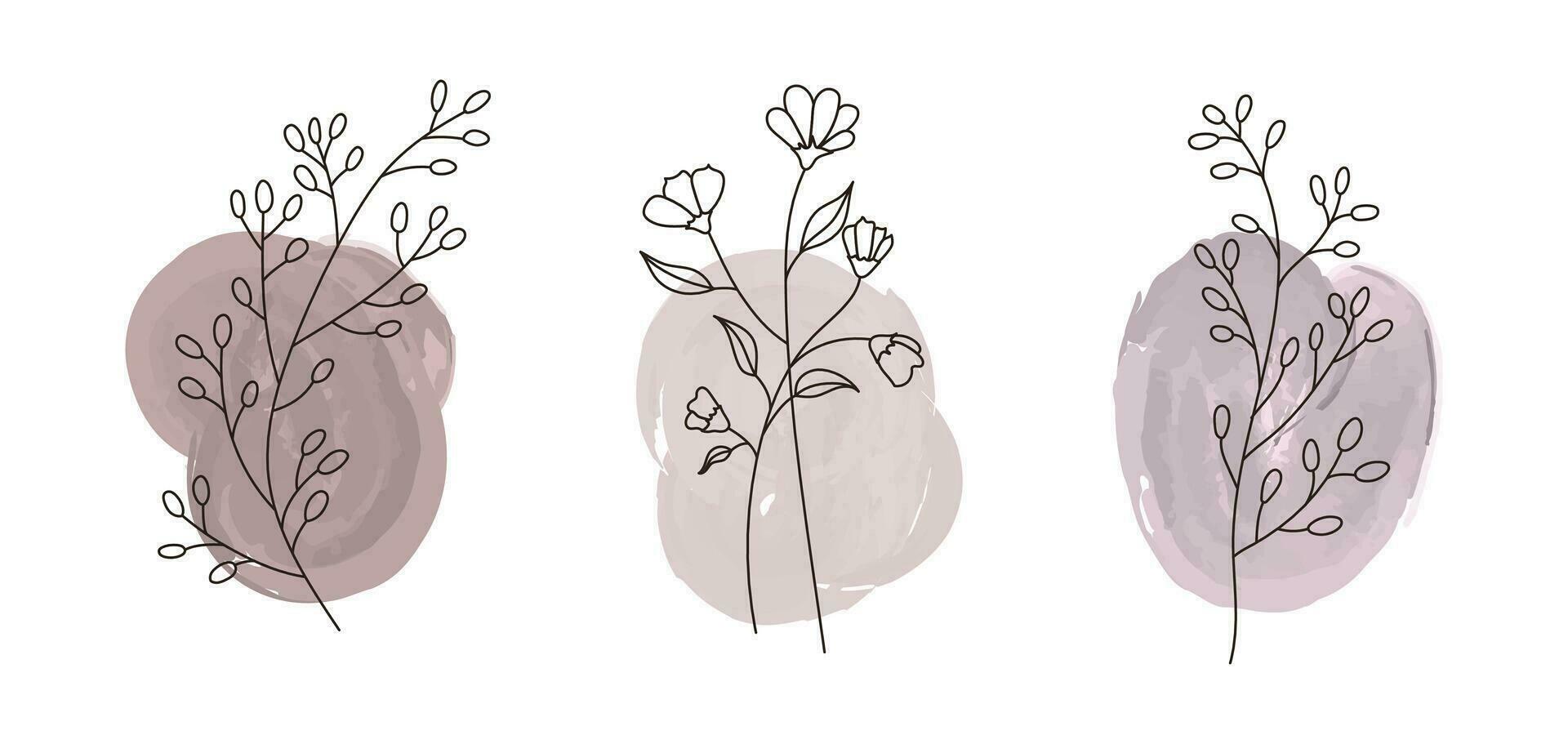 uppsättning av hand dragen blommig ramar med blommor, löv, örter, växter, grenar. vektor illustration för inbjudningar, spara de datum kort, företags- identitet
