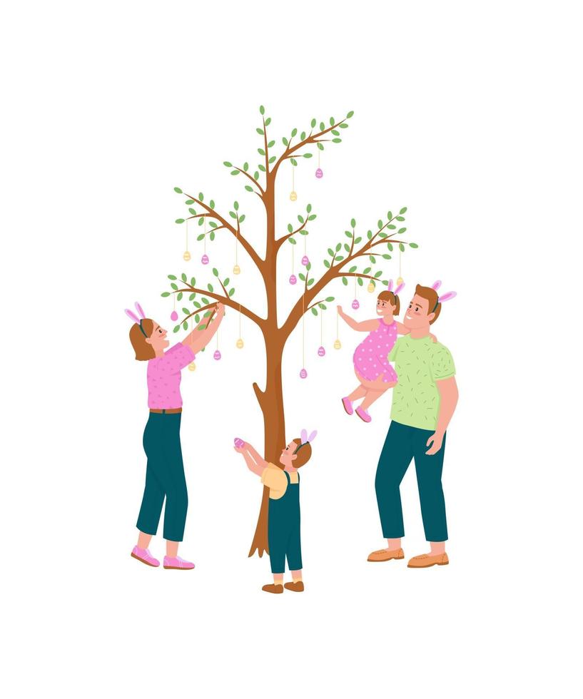 glückliche Familie, die Ostereier auf Baum flache Farbvektor-detaillierte Zeichen hängt vektor