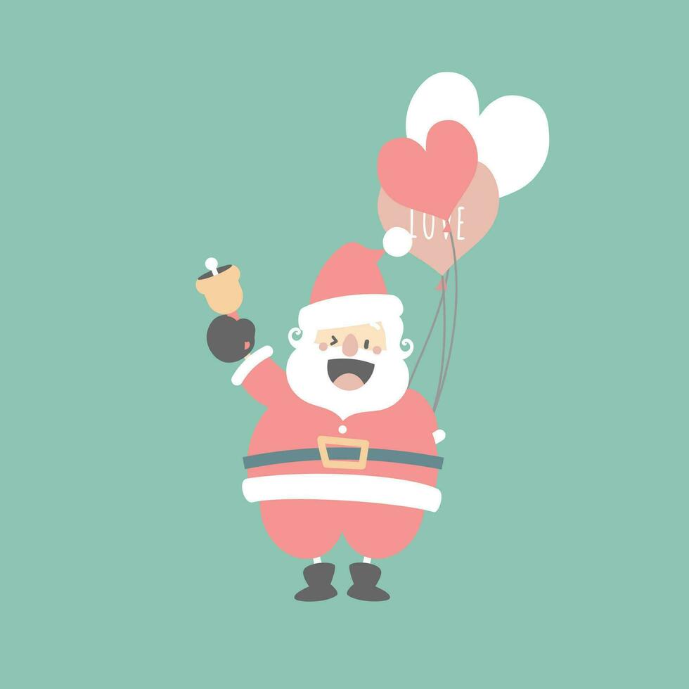 glad jul och Lycklig ny år med söt santa claus och hjärta ballong och klocka i de vinter- säsong, platt vektor illustration tecknad serie karaktär kostym design