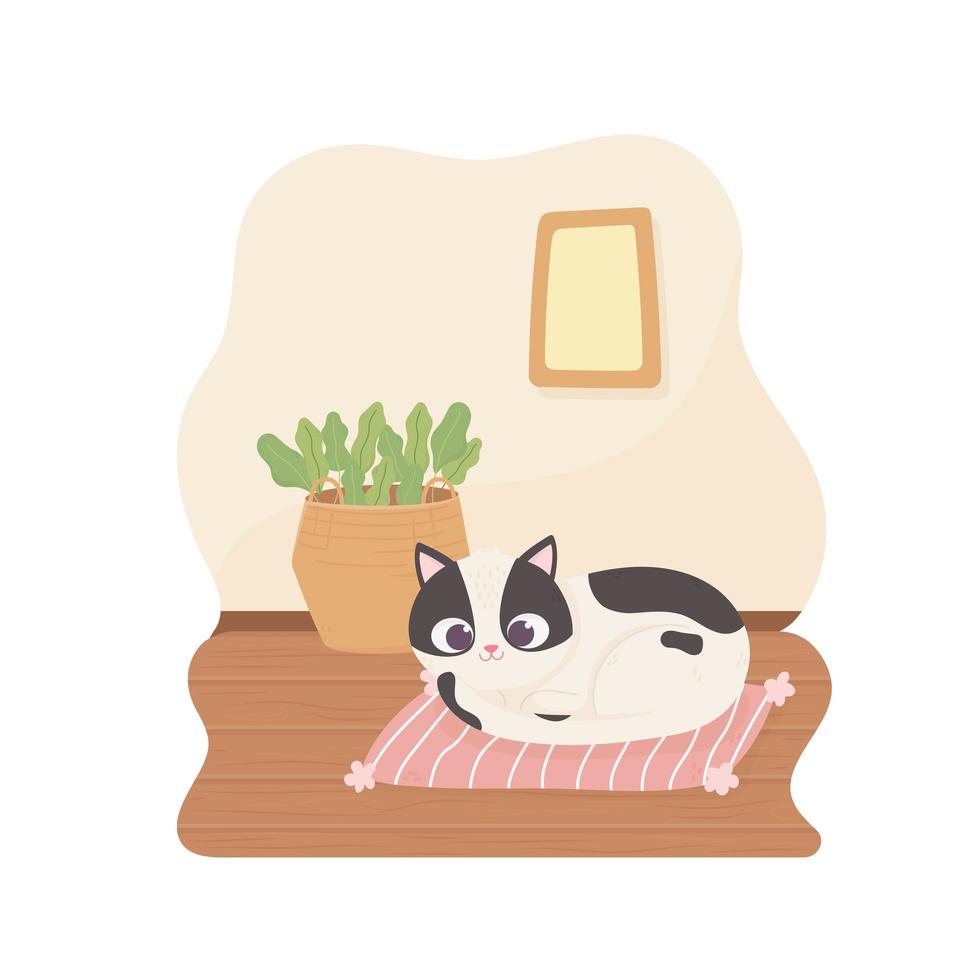 sällskapsdjur katt vilar på kudde korg med växter tecknad vektor