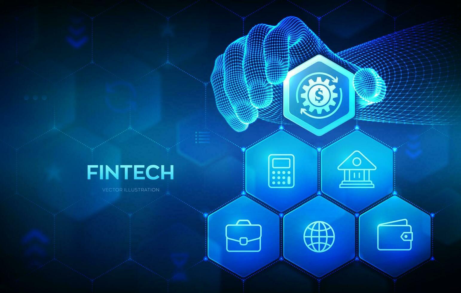Fintech. finanziell Technologie, online Bankwesen und Crowdfunding Geschäft Konzept auf viral Bildschirm. Drahtmodell Hand setzt ein Element in ein Komposition visualisieren Fintech. Vektor Illustration.