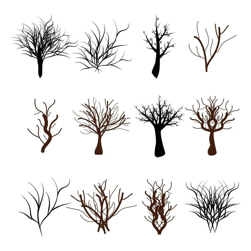 tot Baum Silhouetten. natürlich Sterben alt Baum von Satz. Baum schwarz Kunst Design. Natur Baum Kunst vektor