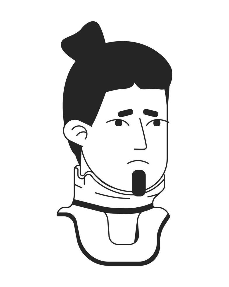 ledsen asiatisk man i nacke bandage svartvit platt linjär karaktär huvud. redigerbar översikt hand dragen mänsklig ansikte ikon. 2d tecknad serie fläck vektor avatar illustration för animering