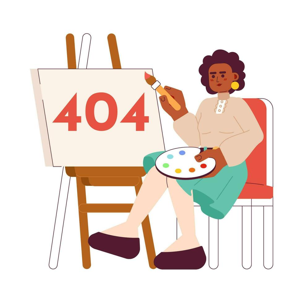 afrikanisch amerikanisch Frau Gemälde Error 404 Blitz Botschaft. Farbe Palette Künstler Ausrüstung. leeren Zustand ui Design. Seite nicht gefunden aufpoppen Karikatur Bild. Vektor eben Illustration Konzept auf Weiß Hintergrund