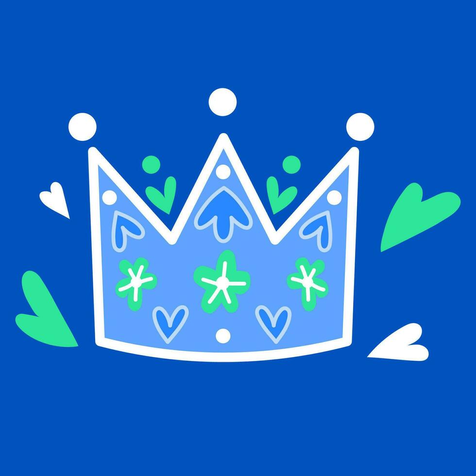 blå kunglig prinsessa krona med hjärtan och blommor vektor