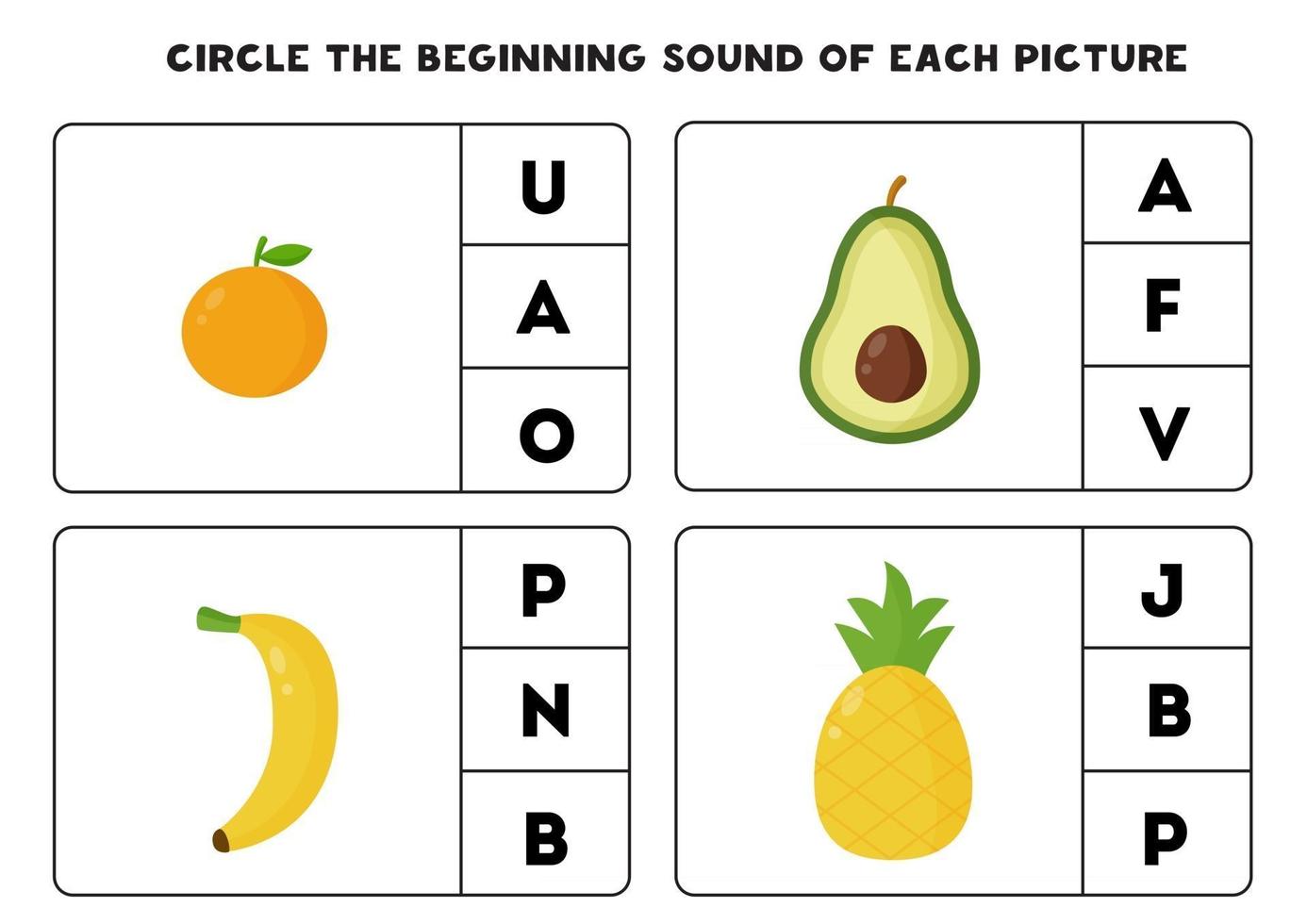 Arbeitsblatt für Kinder. den Anfangsklang finden. süße Kawaii-Früchte. vektor