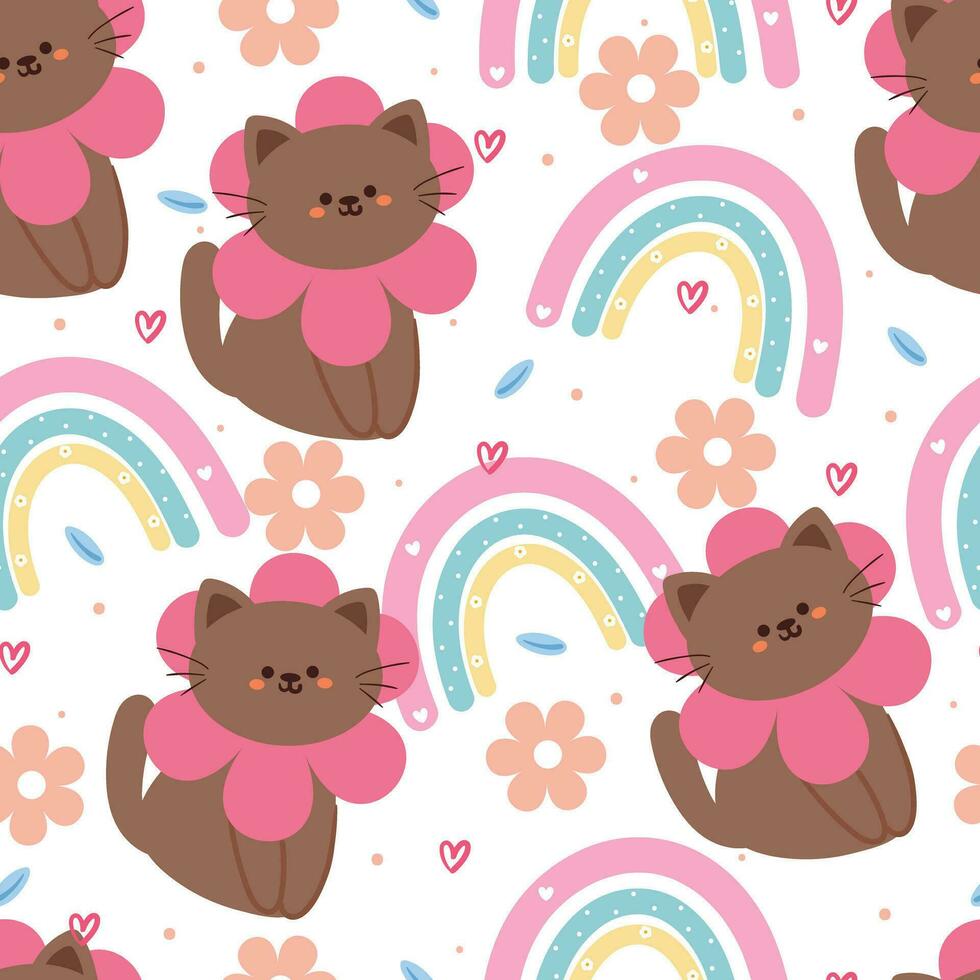 sömlös mönster tecknad serie katt med regnbåge och blomma. söt djur- tapet för textil, gåva slå in papper vektor
