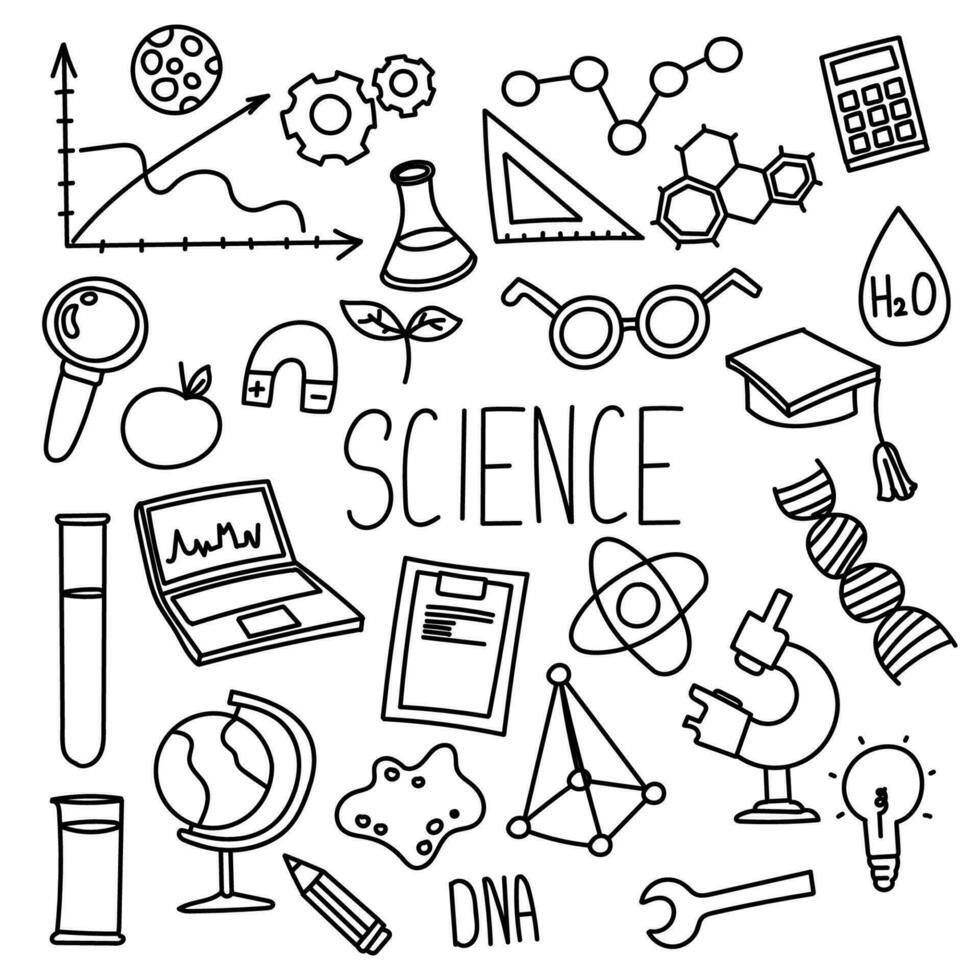 vetenskap klotter illustration. vektor. kan vara Begagnade för pedagogisk material, presentationer, eller vetenskapstema mönster till förlova sig och inspirera nyfikenhet i studenter och elever vektor
