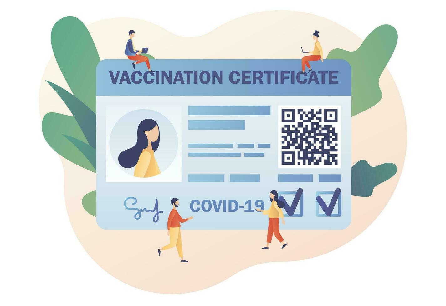 Impfung Zertifikat mit qr Code. Impfstoff Reisepass. Menschen Gesundheit Reisepass von Impfung zum COVID-19. Reise während Coronavirus Pandemie. modern eben Karikatur Stil. Vektor Illustration