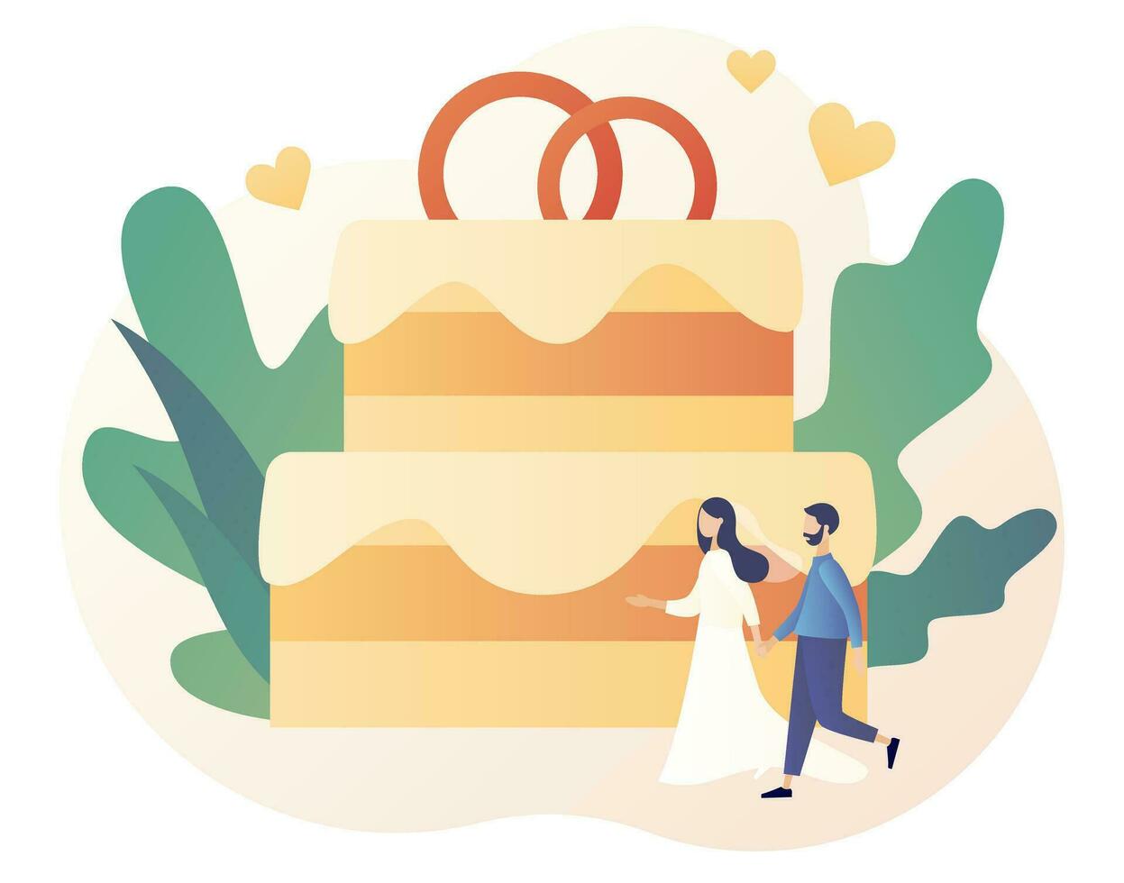 verheiratet Paar. Hochzeit mit groß Hochzeit Kuchen. winzig Menschen Veränderung ehelich Status. Beziehung Konzept. legal Status. modern eben Karikatur Stil. Vektor Illustration auf Weiß Hintergrund