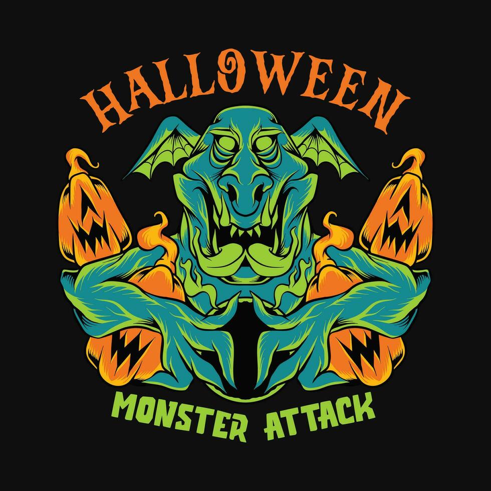 Halloween Monster- T-Shirt Design Vektor Halloween Zombie Karikatur Charakter Illustration