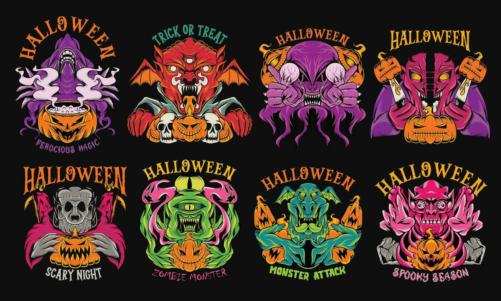 Halloween Monster- T-Shirt Designs Vektor Halloween Zombie Karikatur Charakter Illustration