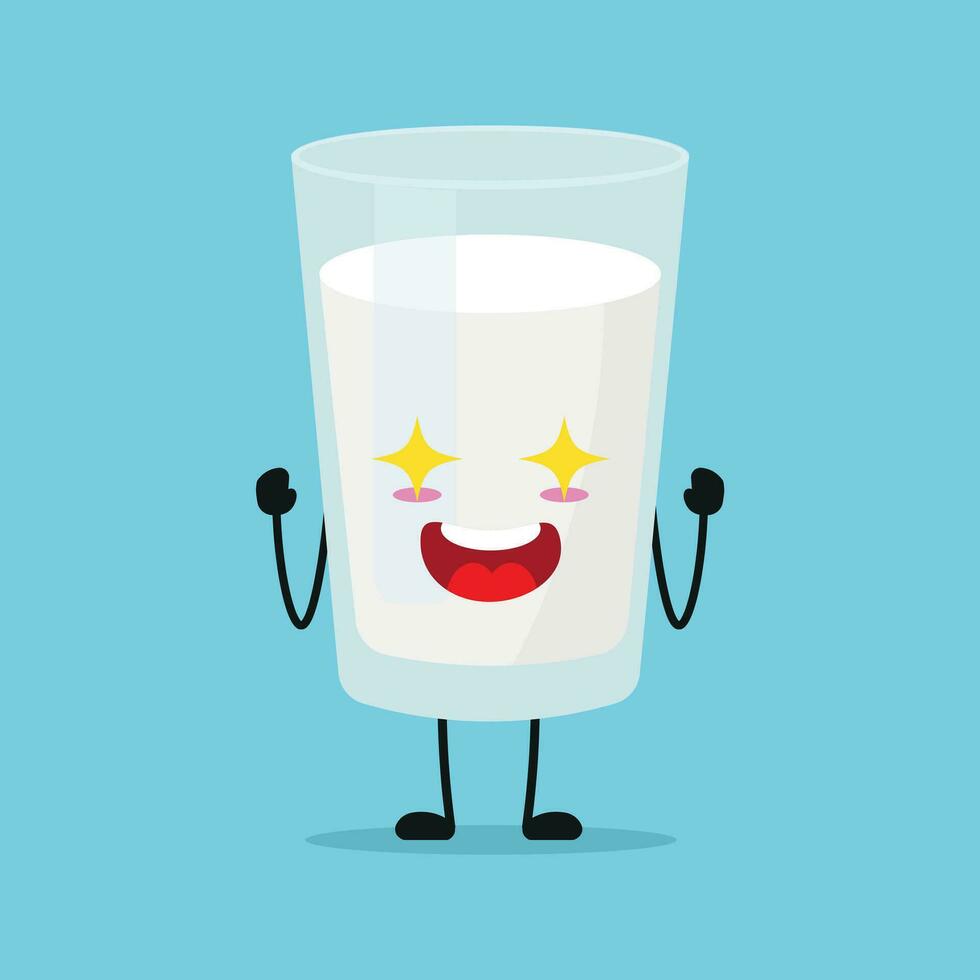 süß aufgeregt Milch Glas Charakter. komisch elektrisierend Milch Karikatur Emoticon im eben Stil. Molkerei Emoji Vektor Illustration