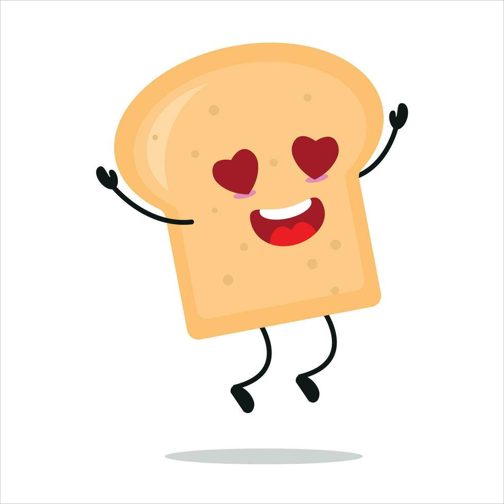 süß glücklich Brot Charakter. komisch fallen im Liebe Brot Karikatur Emoticon im eben Stil. Bäckerei Emoji Vektor Illustration