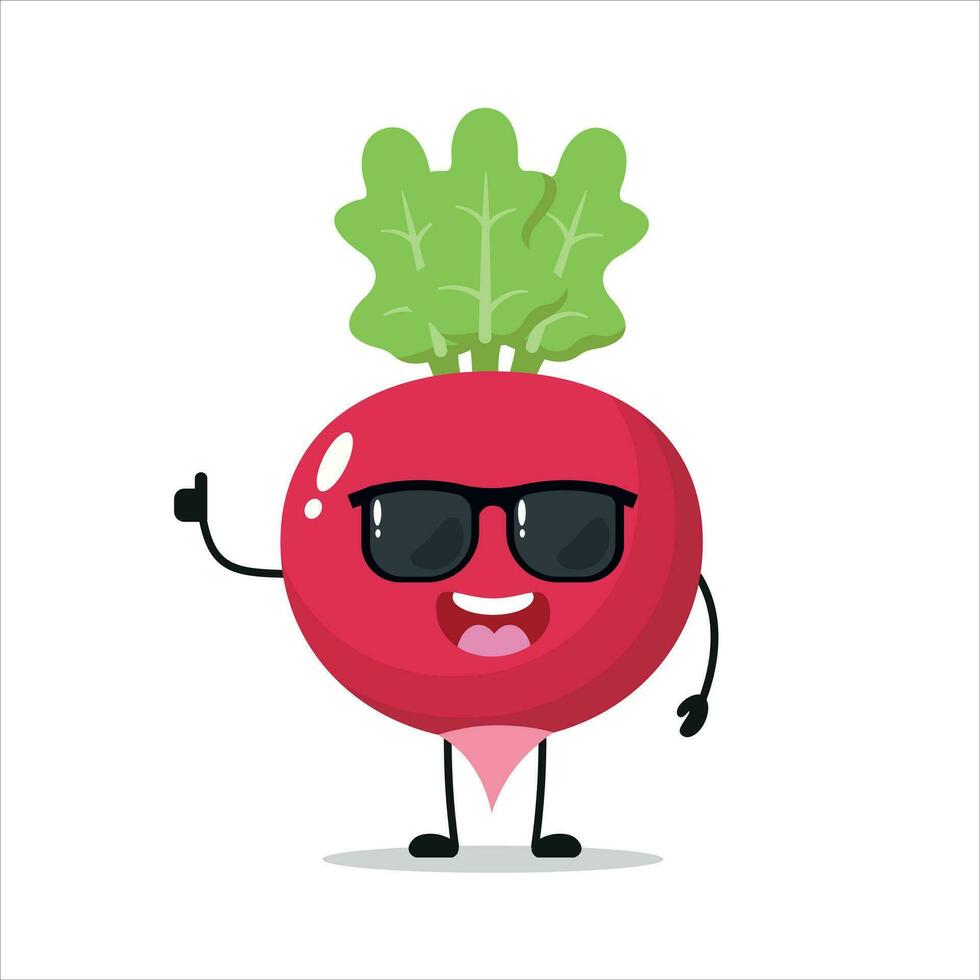 söt Lycklig rädisa karaktär ha på sig solglasögon. rolig rädisa hälsa vän tecknad serie uttryckssymbol i platt stil. vegetabiliska emoji vektor illustration