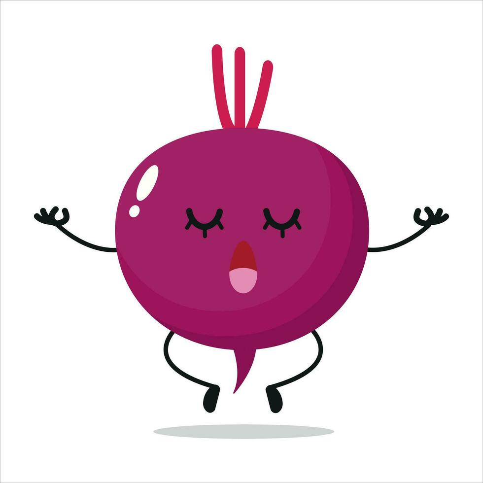 süß entspannen Zuckerrüben Charakter. komisch Yoga Zuckerrüben Karikatur Emoticon im eben Stil. Gemüse Emoji Meditation Vektor Illustration