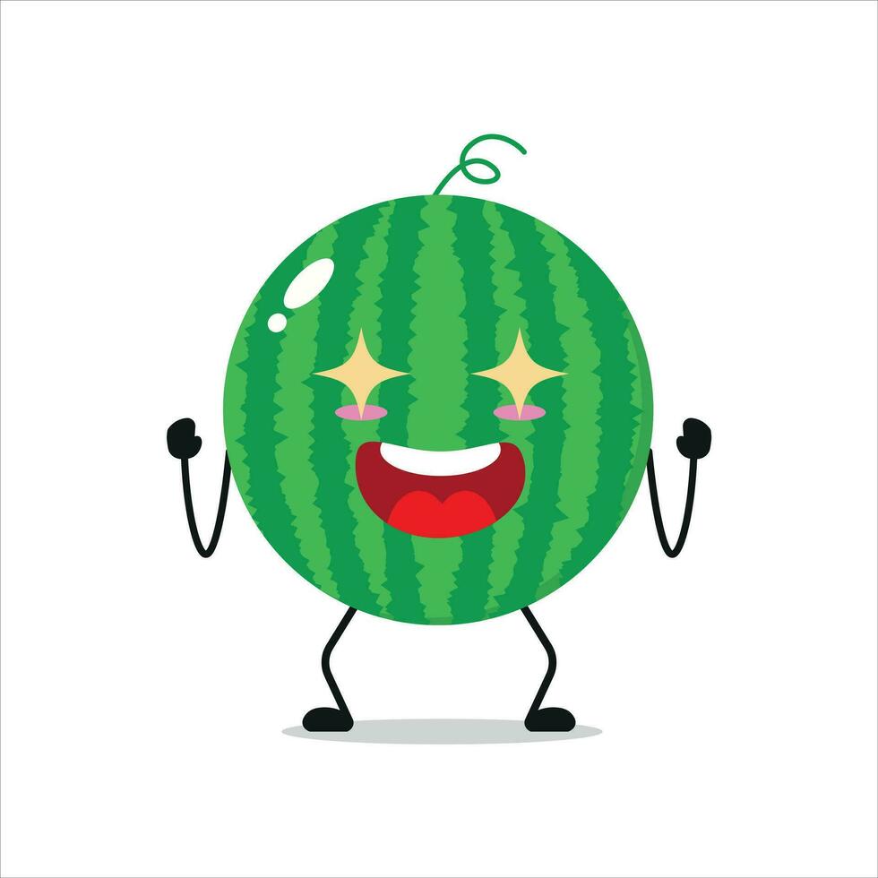 süß aufgeregt Wassermelone Charakter. komisch elektrisierend Wassermelone Karikatur Emoticon im eben Stil. Obst Emoji Vektor Illustration