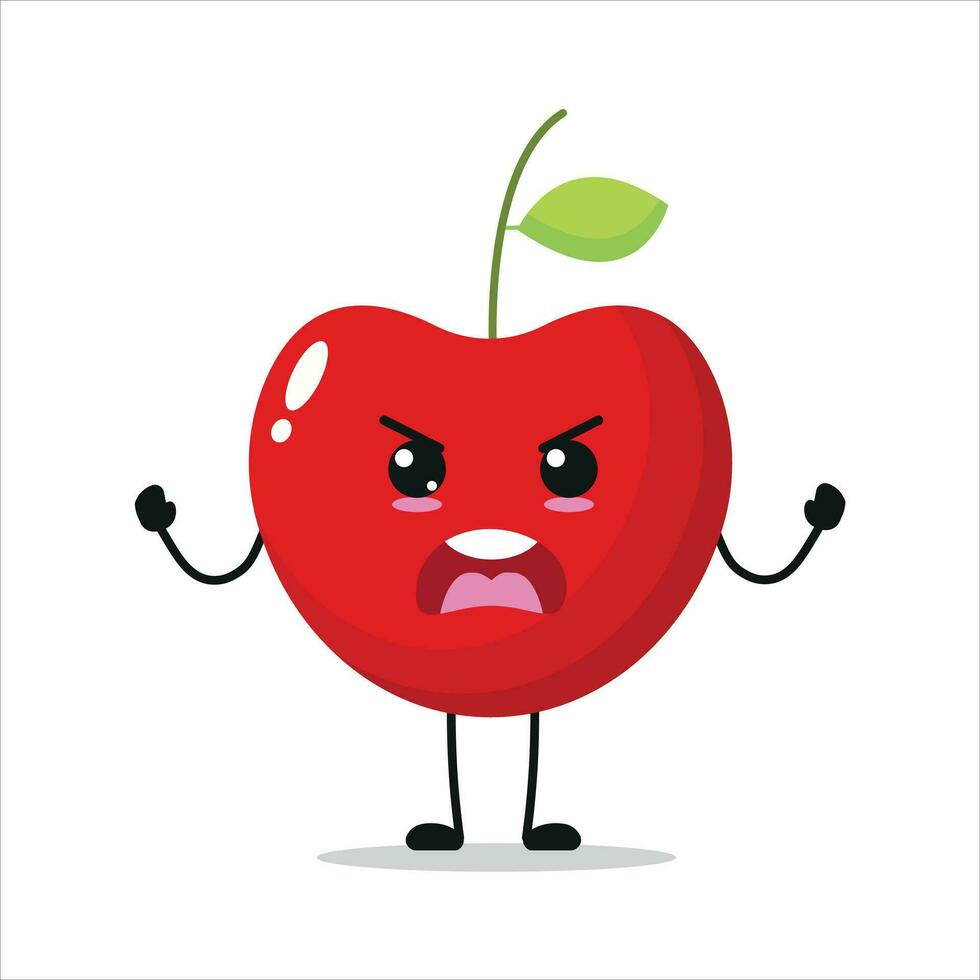 söt arg körsbär karaktär. rolig rasande körsbär tecknad serie uttryckssymbol i platt stil. frukt emoji vektor illustration