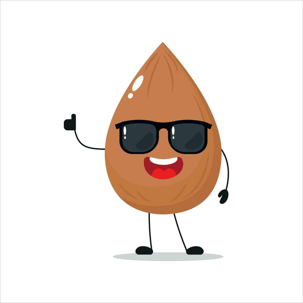 süß glücklich Mandel Charakter tragen Sonnenbrille. komisch Mandel grüßen Freund Karikatur Emoticon im eben Stil. Gemüse Emoji Vektor Illustration