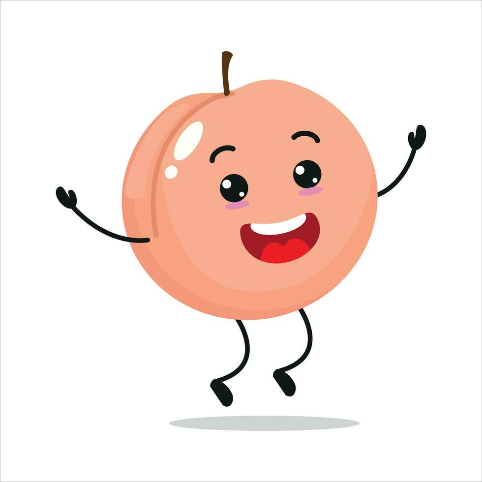 süß glücklich Pfirsich Charakter. komisch Feier springen Pfirsich Karikatur Emoticon im eben Stil. Obst Emoji Vektor Illustration
