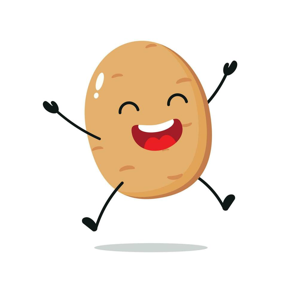 süß glücklich Kartoffel Charakter. komisch springen Kartoffel Karikatur Emoticon im eben Stil. Gemüse Emoji Vektor Illustration