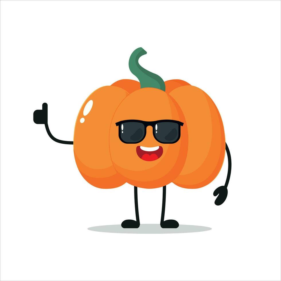 söt Lycklig pumpa karaktär ha på sig solglasögon. rolig pumpa hälsa vän tecknad serie uttryckssymbol i platt stil. vegetabiliska emoji vektor illustration