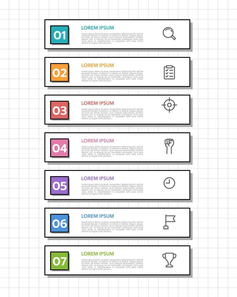 Infografik aufführen 7 Optionen mit ein Graph Papier Hintergrund. Vektor Illustration.