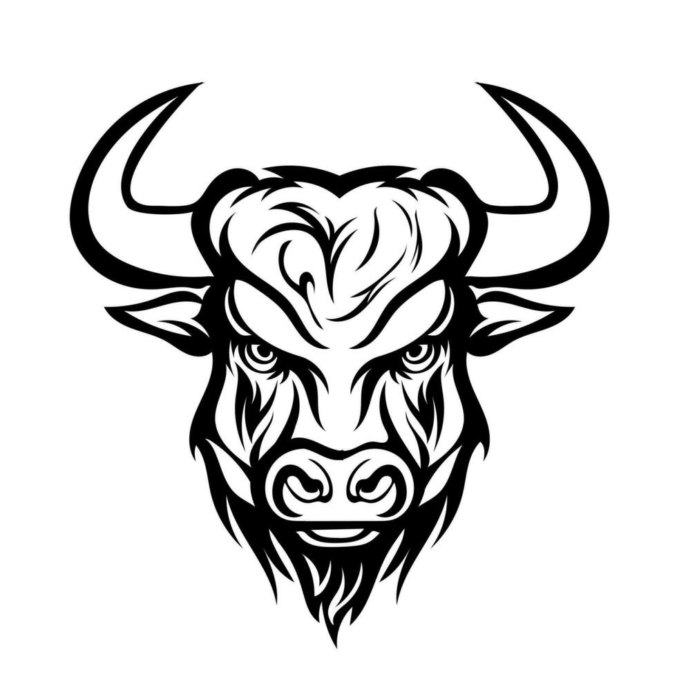 arg huvud ansikte maskot av tjur design av aggressiv buffel porträtt. svart vit linje konst vektor illustration