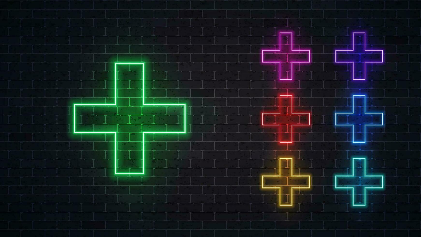 Neon- medizinisch Kreuz unterzeichnen. medizinisch Symbol Satz. Vektor Illustration