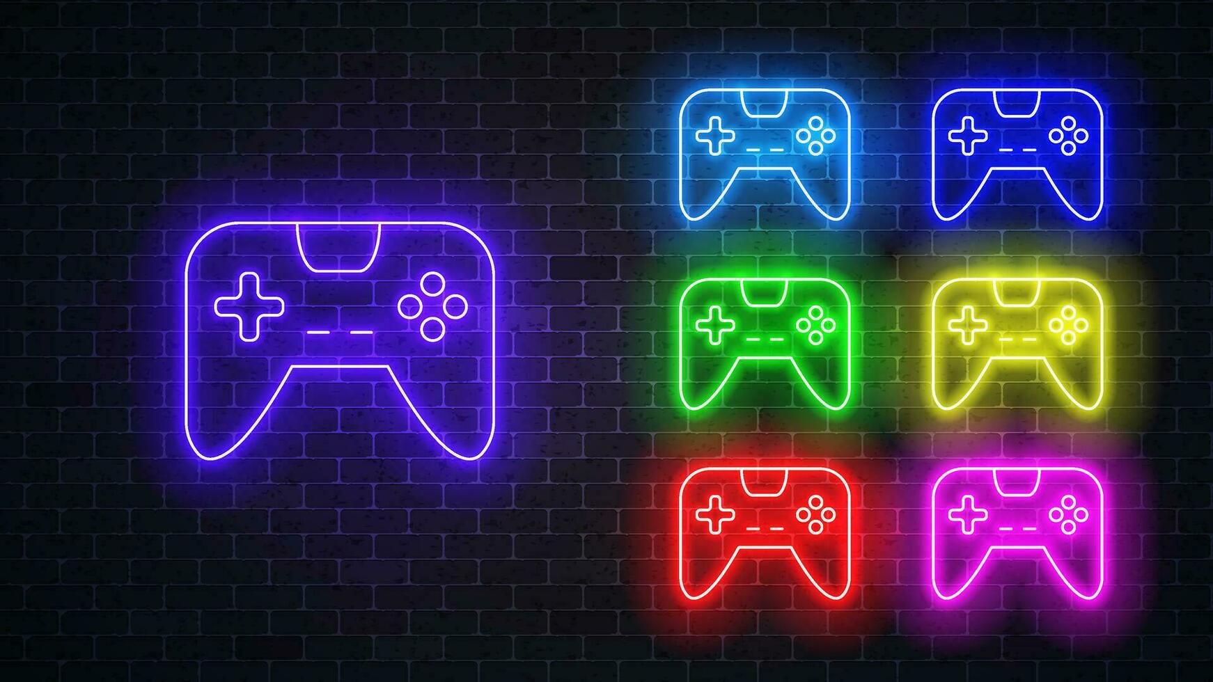 gamepad neon lysande tecken uppsättning. vektor illustration